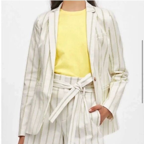 Banana Republic White Neon Yellow Vertical Pinstripe Long Lean Blazer Jacket NEW - Picture 2 of 16